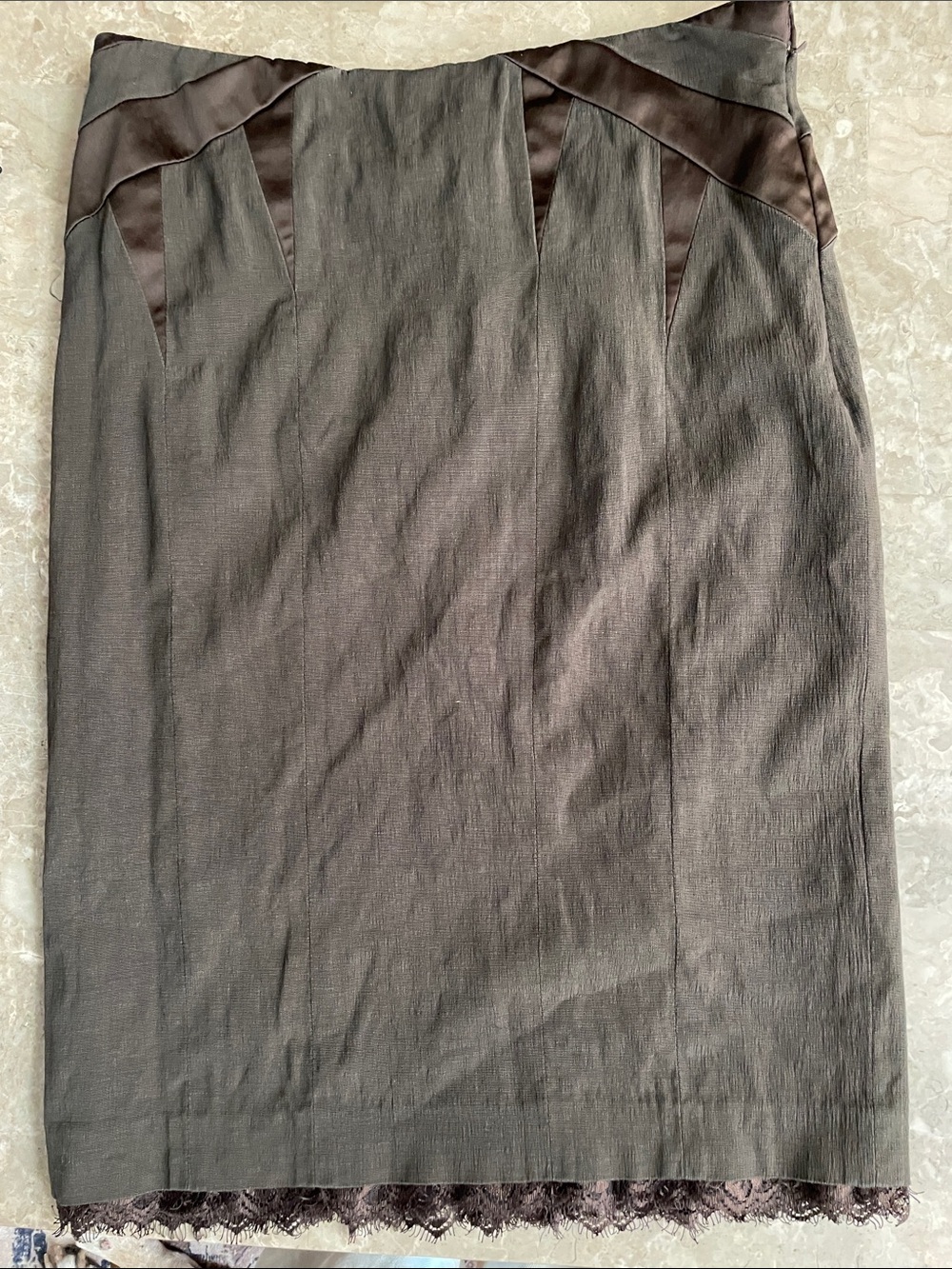 Etcetera Dark Brown Pencil Skirt with Satin Inset and Lace Hem